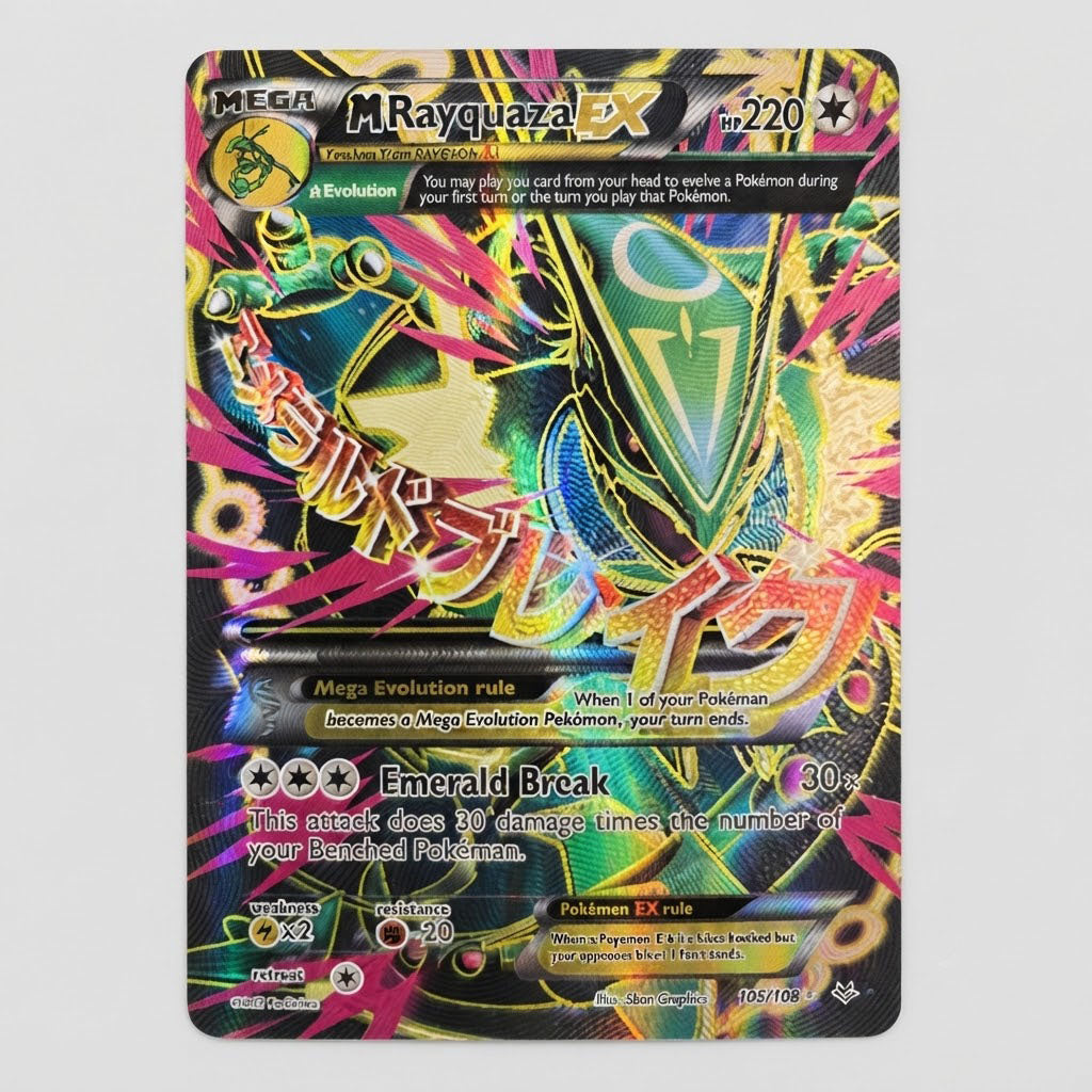 Pokémon TCG M Rayquaza EX | #105/108 Ultra Rare Full Art | XY: Roaring Skies Series | Mega Evolution Textured Holofoil Moderately Played (MP) at Emerald Market Alamogordo, New Mexico