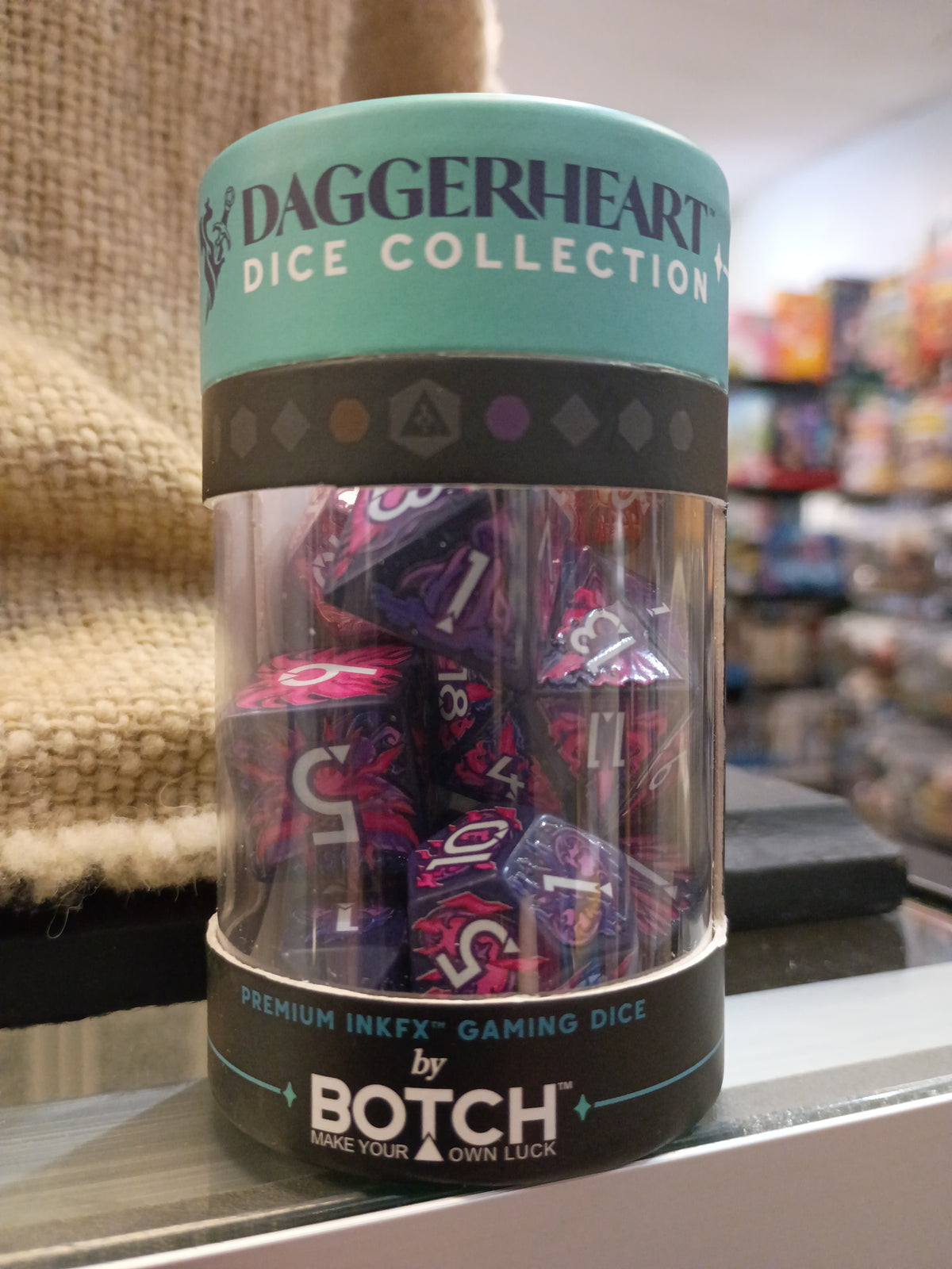 Daggerheart Dice Collection, 9 die set. Color: Warlock (Pink and Purple)
