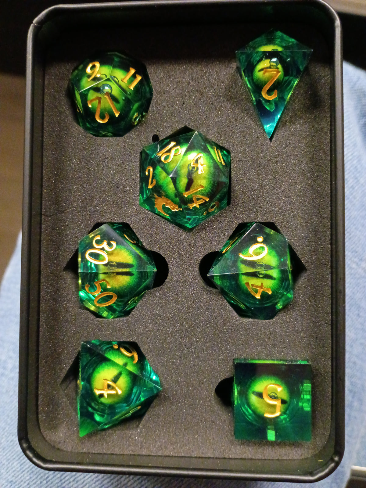 Old School Gaming: Liquid Infused Serpents Eye (Green + Green Eye) Sharp Edged Dice