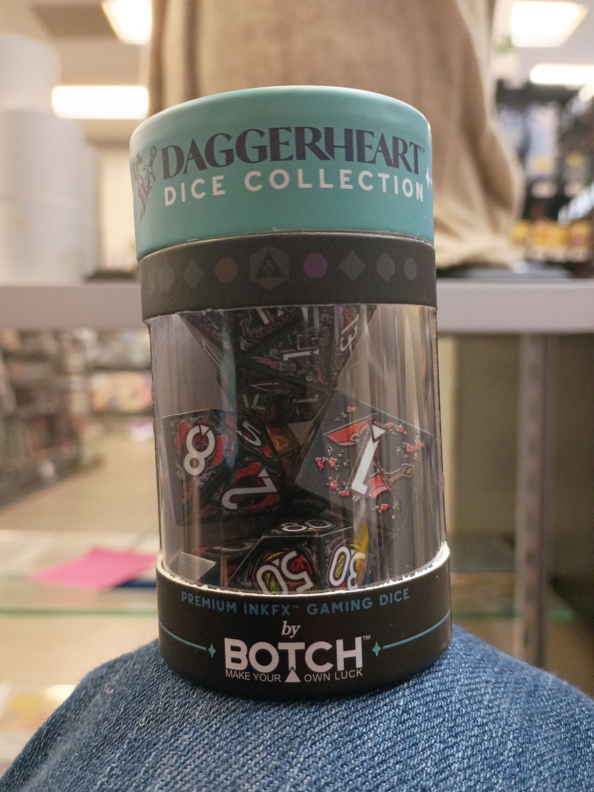 Daggerheart Dice Collection, 9 die set. Color: Assassin (Black, red, and green)
