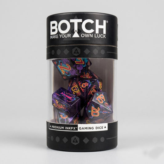 Botch Make Your Own Luck Polyhedral 7-Die Set | Infernal Might | Full-Print Dark Fantasy Acrylic Dice at Emerald Market Alamogordo, New Mexico