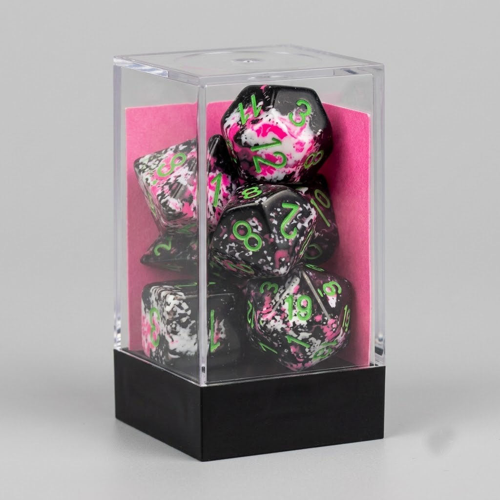 Chessex Festive Brush Polyhedral 7-Die Set | Paintball with Green Numbers | Premium TTRPG Polyhedral Set at Emerald Market Alamogordo, New Mexico