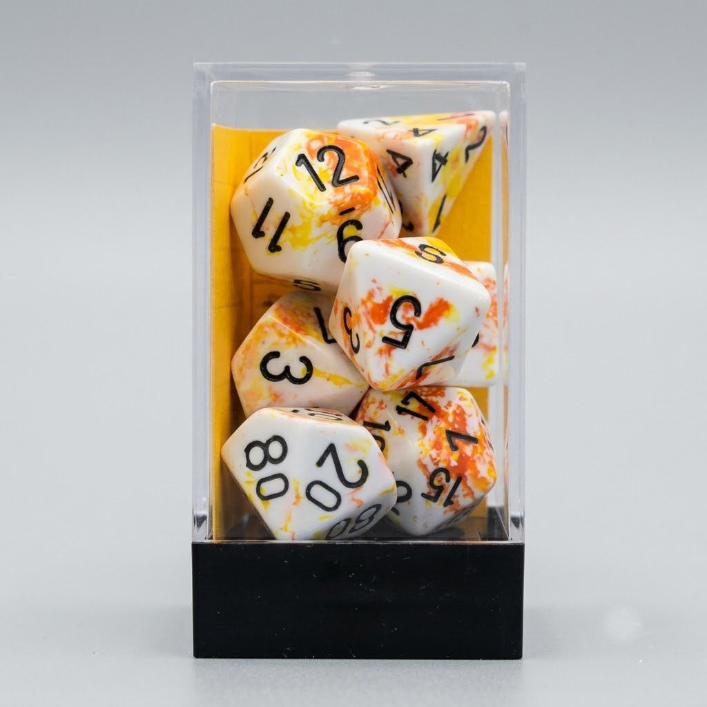 Chessex Festive Brush Polyhedral 7-Die Set | Sunrise with Black Numbers | Premium TTRPG Polyhedral Set at Emerald Market Alamogordo, New Mexico