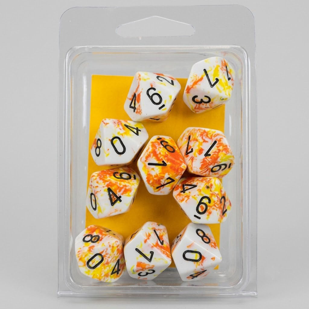 Chessex Festive Brush 10-Piece d10 Dice Set | Sunrise with Black Numbers | Premium Specialty Polyhedral Set at Emerald Market Alamogordo, New Mexico