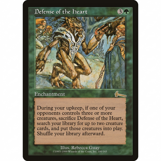 Card featuring an illustration of a creature with text describing its game mechanics. Defense Of The Heart 100/143 Urza's Legacy Normal NM