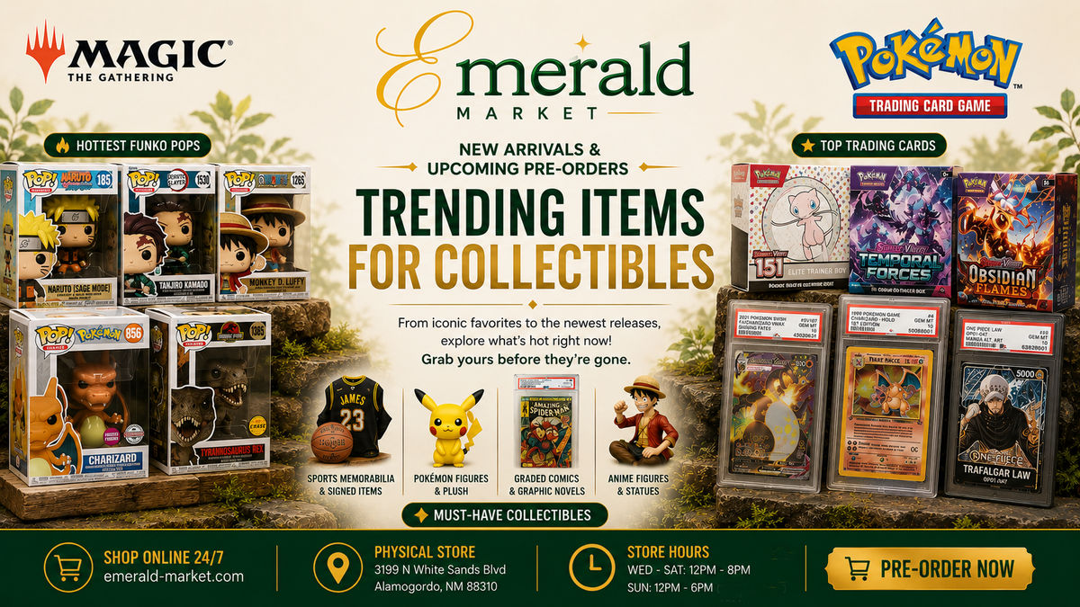 Emerald Market  Trending Collectibles Pokemon TCG Gundam Kit Funko One Piece Figures Graded Comic Items at Alamogordo, New Mexico	