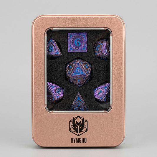 HYMGHO Metal Sorcerer 7-Piece Dice Set | Purple with Blue Numbers | Premium TTRPG Polyhedral Set at Emerald Market Alamogordo, New Mexico