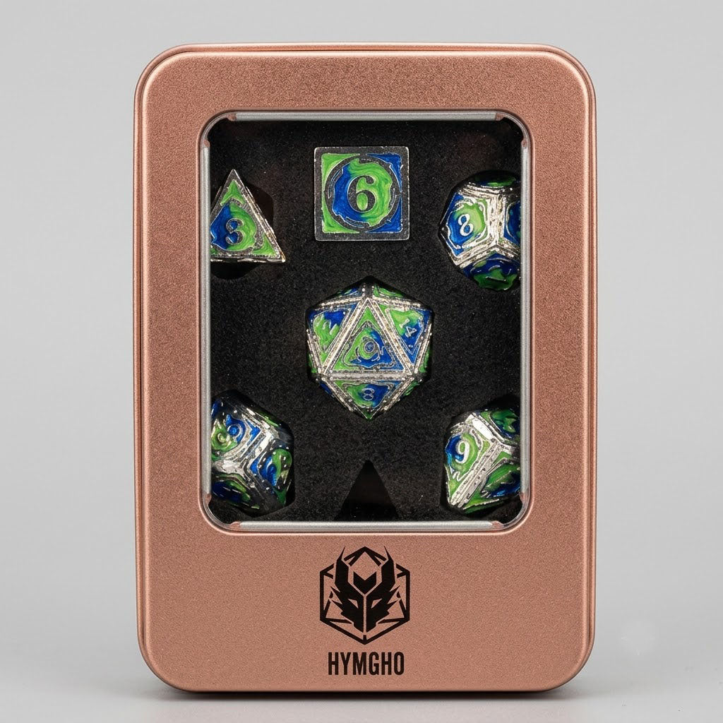 HYMGHO Metal Sorcerer 7-Piece Dice Set | Silver and Blue with UV Reactive Green | Premium TTRPG Polyhedral Set at Emerald Market Alamogordo, New Mexico
