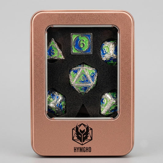 HYMGHO Metal Sorcerer 7-Piece Dice Set | Silver and Blue with UV Reactive Green | Premium TTRPG Polyhedral Set at Emerald Market Alamogordo, New Mexico
