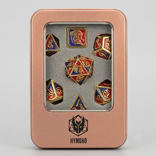 HYMGHO Solid Metal Dragon 7-Piece Dice Set | Shiny Gold with Red & Purple Enamel | Premium TTRPG Polyhedral Set at Emerald Market Alamogordo, New Mexico