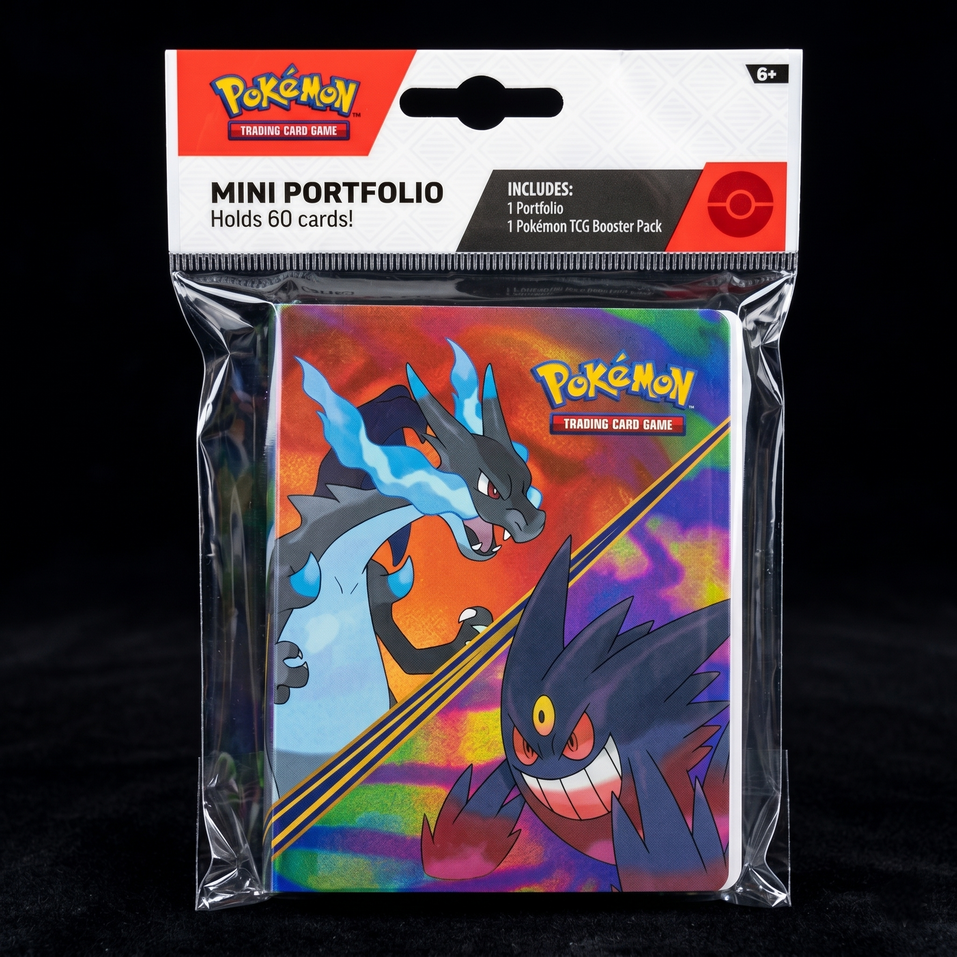 Pokémon trading card game mini portfolio packaging with Pokémon characters on a black background