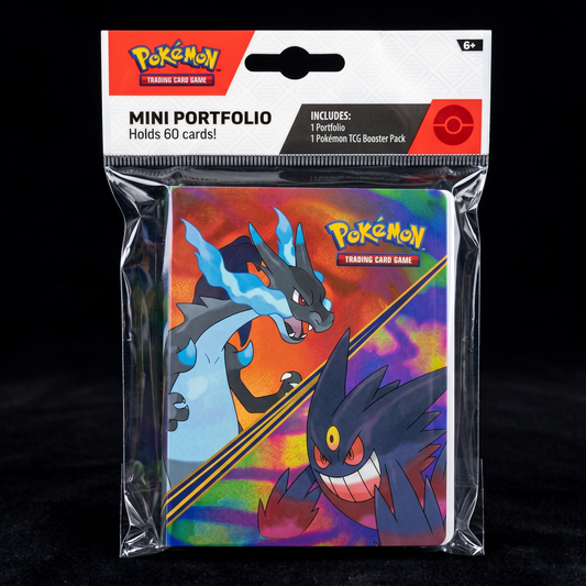 Pokémon trading card game mini portfolio packaging with Pokémon characters on a black background
