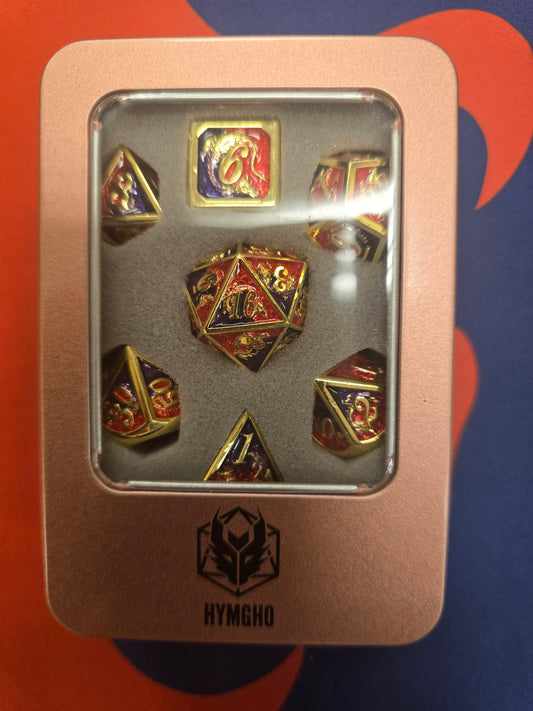 HYMGHO Solid Metal Dragon 7-Set Dice Gold W/ Red & Purple
