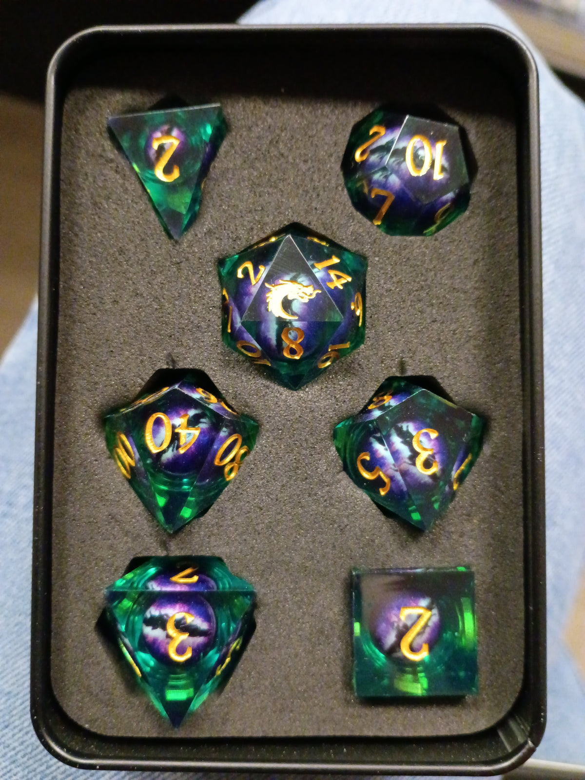 Old School Gaming: Liquid Infused Serpents Eye (Green + Purple Eye) Sharp Edged Dice