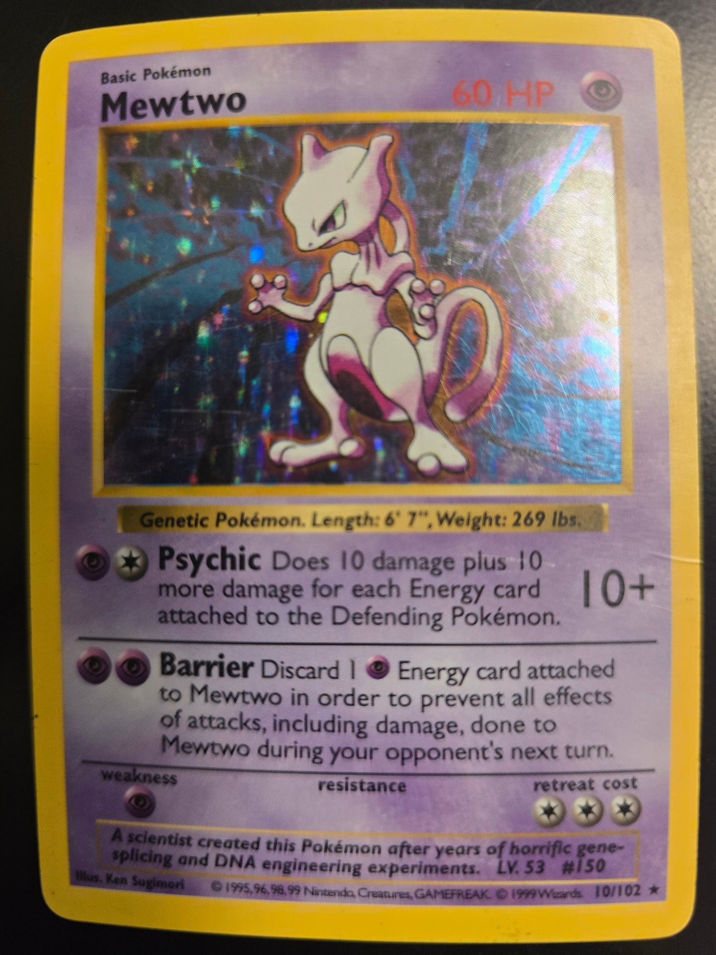 Mewtwo 10/102 Base Set Shadowless Unlimited Holofoil LP