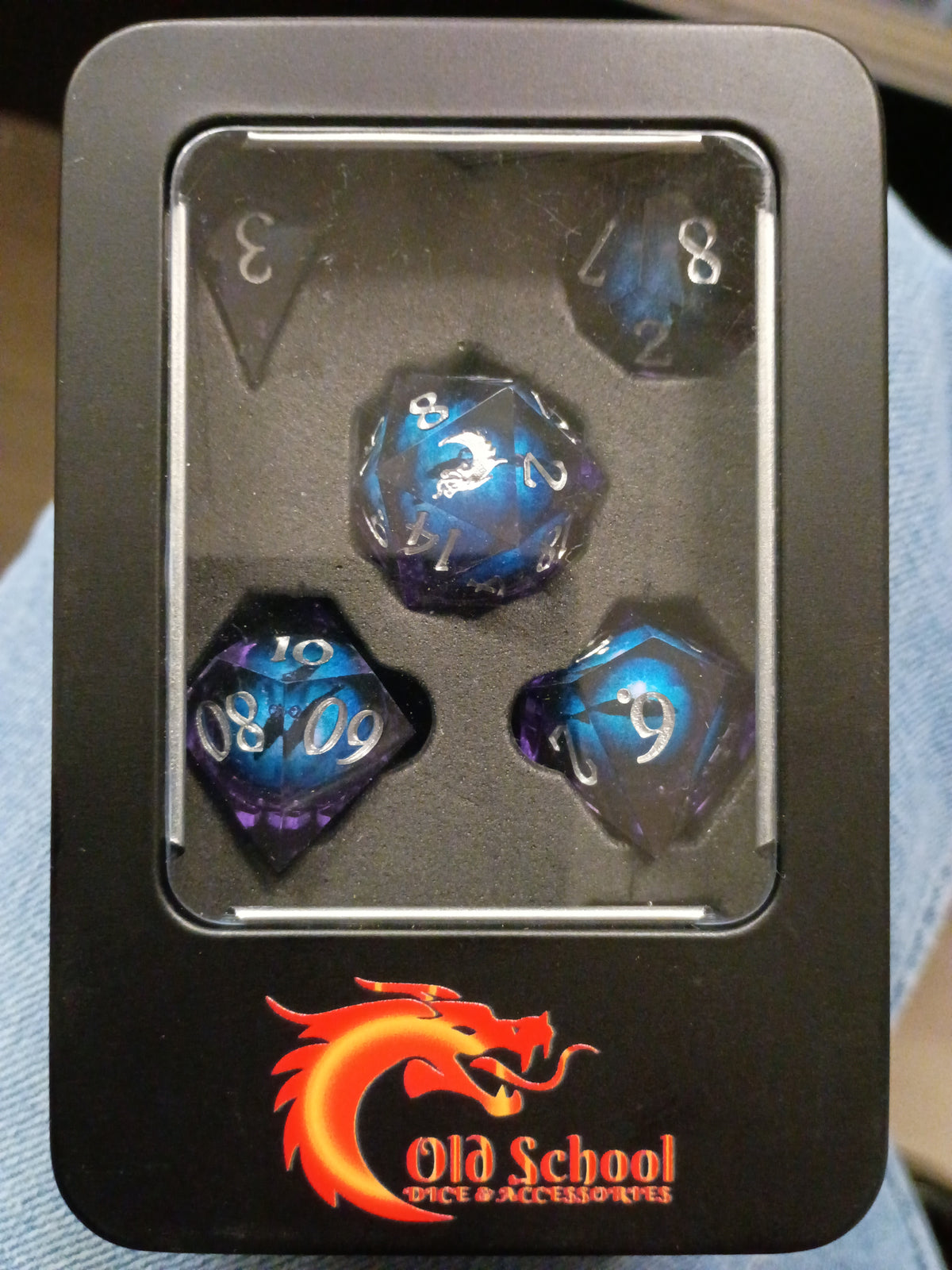 Old School Gaming: Liquid Infused Serpents Eye (Purple + Blue Eye) Sharp Edged Dice