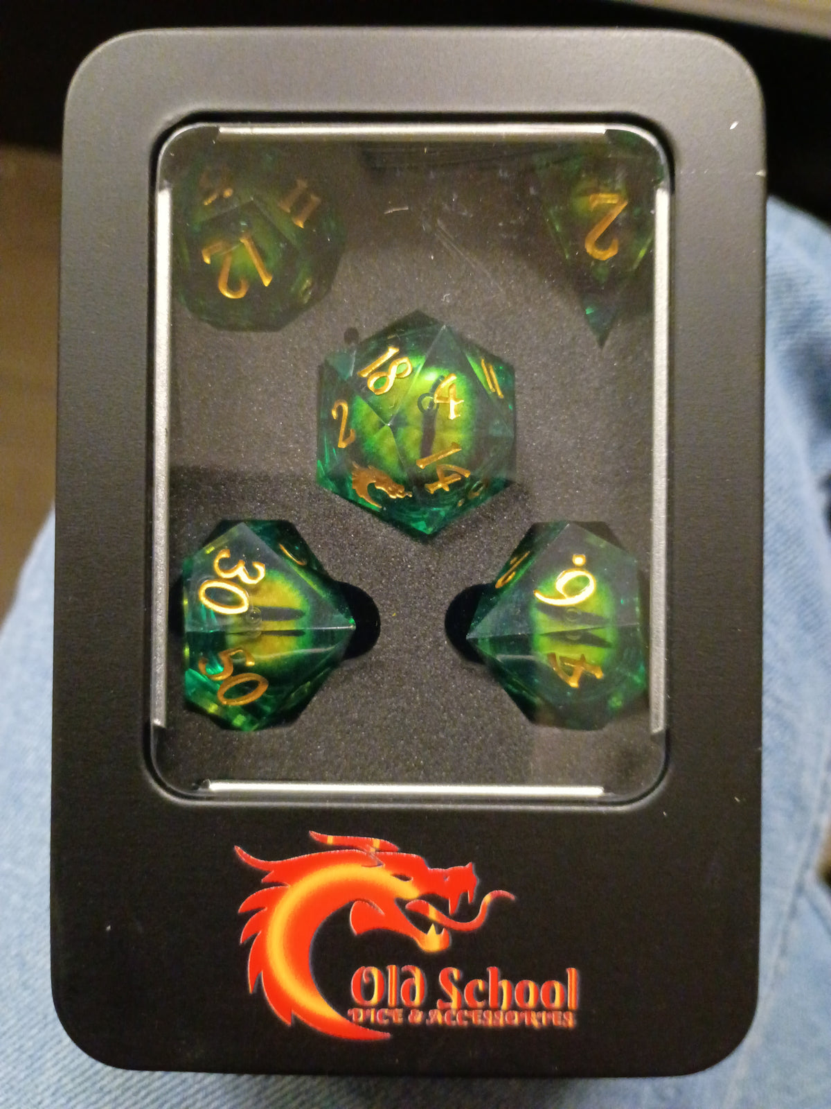 Old School Gaming: Liquid Infused Serpents Eye (Green + Green Eye) Sharp Edged Dice