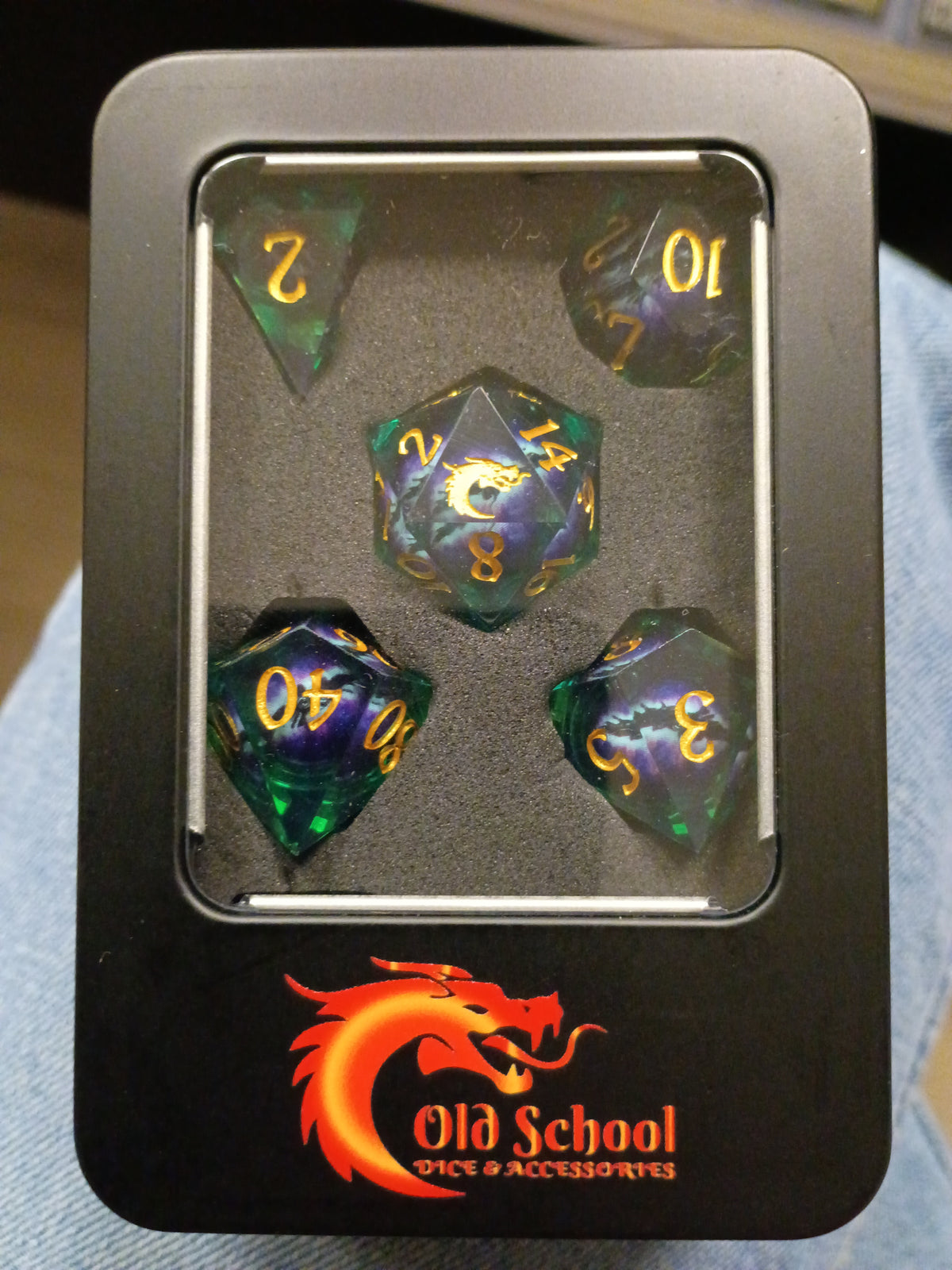 Old School Gaming: Liquid Infused Serpents Eye (Green + Purple Eye) Sharp Edged Dice