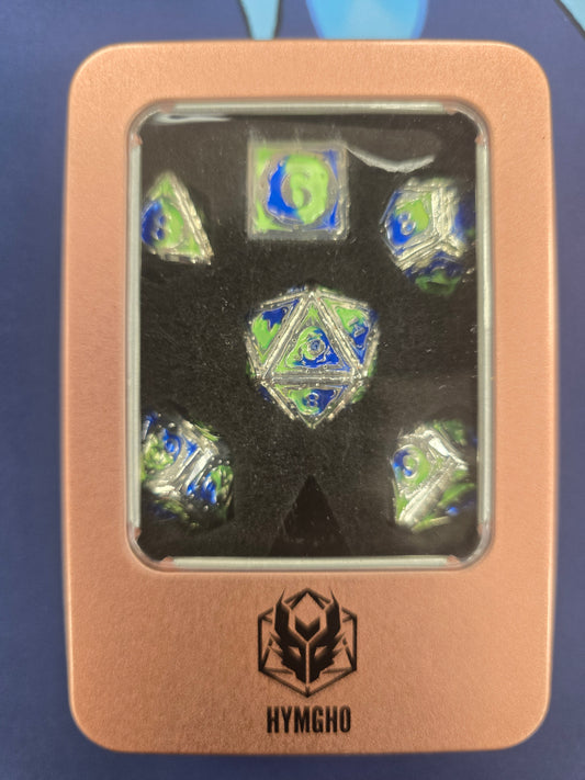 HYMGHO Metal Sorcerer 7-Set Dice Silver W/ Blue & UV Reactive Green